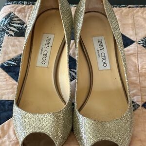 Jimmy Choo Sparkling Gold Peep Toe Heels